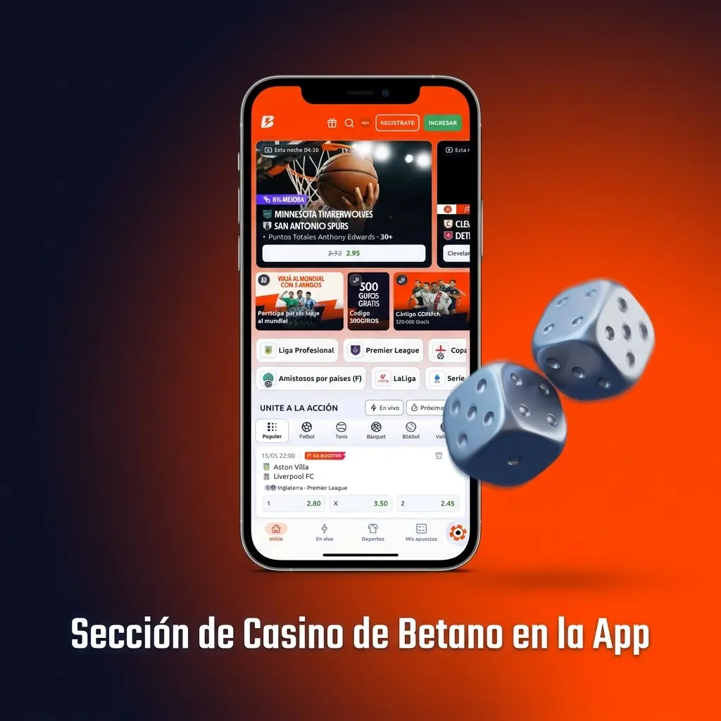 Sección de casino en la app de Betano con tragamonedas, ruleta, blackjack y casino en vivo